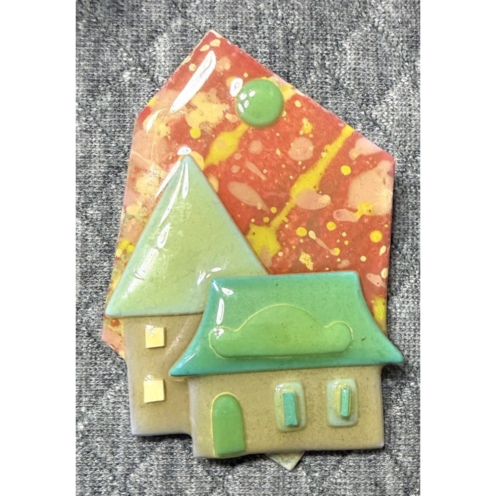 Vintage 1990s Lucinda House Pin Brooch Orange Green Resin Portland ME Early